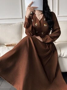 Feyla Đầm xếp ly tay dài cài cúc thêu phong cách vintage size lớn - Cà phê nâu - Xem 3