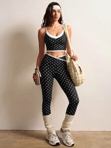 VARSIVA Women's Polka Dot Print Camisole Top And Criss-Cross Waist Contrast Color Long Pants Sports Set - Black and White - View 5