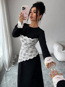 SHEIN Raffinéa فستان طويل أنيق جديد للنساء بتصميم غير متماثل مع رقعات دانتيل وخصر مشدود للتنقل اليومي - الأسود - مشاهدة 3
