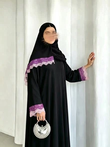 Yasmyna Solid Color Round Neck Contrast Lace Cuff Long Sleeve Maxi Abaya & Hijab 2pcs Set - Black - View 6