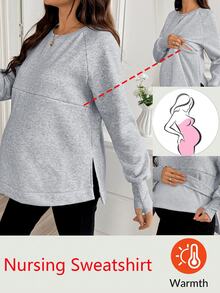 SHEIN Maternity Solid Color Round Neck Raglan Long Sleeve Casual Nursing Sweatshirt Winter - Grey - View 2