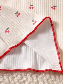 SHEIN 3pcs Newborn Baby Girls Top + Pants Set Sweet Cream Red Cherry Print Bow Ruffle Long Sleeve Ruffle Neck Regular Party Fall Holiday Ribbed - Beige - View 8