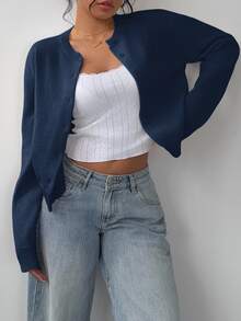 SHEIN Tall CURVE 大尺碼女款純色休閒百搭日常開襟衫 - 水鴨藍 - 查看 5