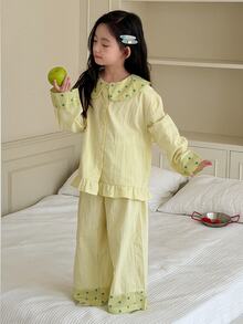 DAZY Tween Girl) Collared Loose Casual Top + Straight Leg Pants 2pcs Set Loungewear - Yellow - View 3