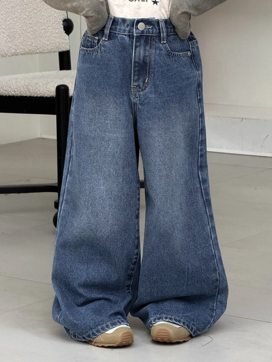 DAZY Tween Girl Wide Leg Loose Casual Versatile Denim Jeans With Pockets - Dark Wash - View 1