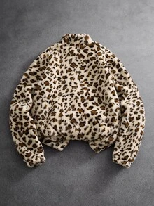 SLATEMANN Men's Long Sleeve Zipper Front Leopard Print Fleece Jacket - Khaki - View 2