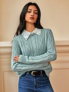 SHEIN Women's Autumn/Winter Patchwork Rhinestone Lapel Long Sleeve Casual Sweater - Limelight Green - View 5