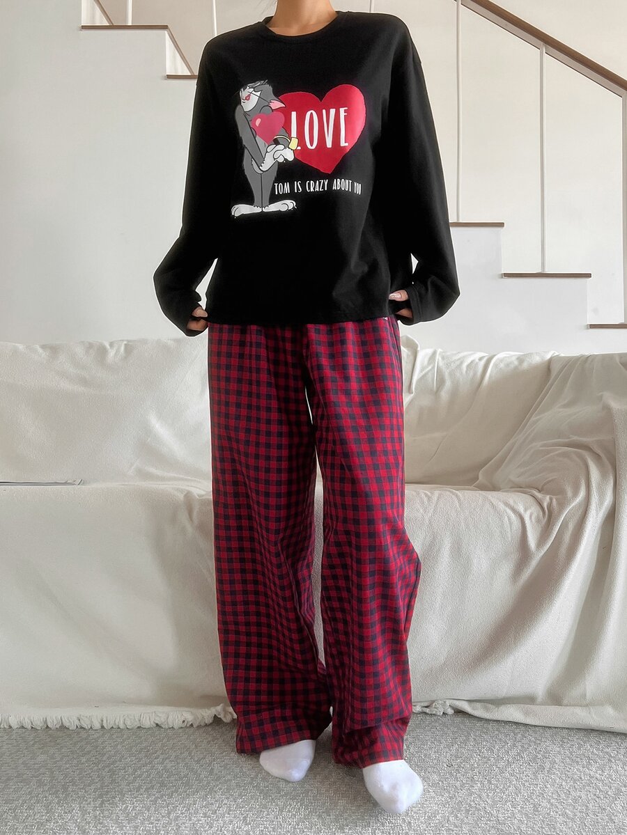 TOM AND JERRY X DAZY Women's Cartoon Pattern Long Sleeve Top And Pants Casual Daily Home Pajama Set - Black - View 1