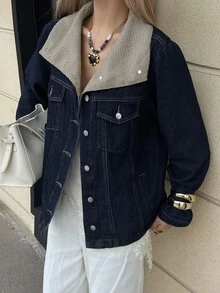 Strévra Women's Autumn Dark Wash Blue Denim Jacket, Loose Fit, Short Length, Long Sleeve, Turn-Down Collar, Button Closure, Pocket Decor - Dark Wash - View 5