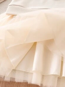 SHEIN 女童獨特鉤編心形拼接套頭洋裝，粉色薄紗下擺，甜美可愛時尚秋季心形洋裝 - 杏色 - 查看 7