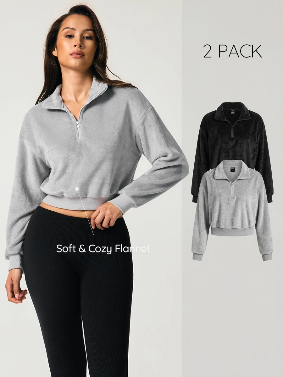 SHAPORA 2pcs Solid Half Zip Drop Shoulder Crop Lounge Sweatshirt - Multicolor - View 1