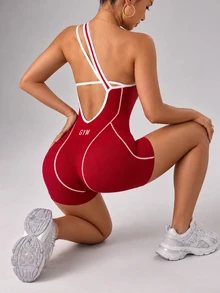 SHEIN Core Rhythm رومبير رياضي نسائي بكتف واحد مخطط بألوان متباينة - عنابي اللون - مشاهدة 2