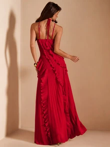 SHEIN BAE 春夏女款粉色掛脖百褶精緻開衩高開衩洋裝，婚禮賓客禮服，情人節洋裝，粉色洋裝 - 紅色 - 查看 2