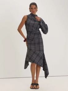MUSEYN Grey Check Asymmetric Midi Skirt Versatile Everyday Casual Fall - Multicolor - View 1