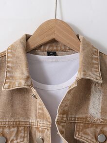SHEIN Setelan Dua Potong Keren untuk Anak Laki-Laki: Jaket Sobek dan Celana Jeans Slim Fit Nyaman dengan Desain Lusuh dan Modis untuk Anak Laki-Laki - Khaki - View 3