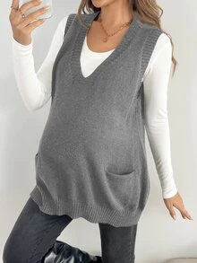 SHEIN سترة محبوكة بلون موحد للارتداء اليومي العادي للحوامل - رمادي - مشاهدة 1