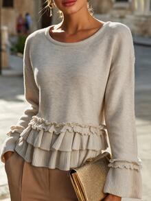 LUMIGAL Gentle Style Round Neck Frill Trim Flared Long Sleeve Multi-Layer Cake Hem Drop Shoulder Pullover Women's Knit Top - Khaki - View 6