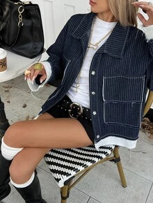 Dazy Tall Women's Striped Patchwork Loose Street Casual Denim Jacket - Dark Wash - View 3