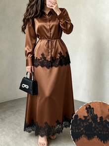 Modelyn Elegant Lace Patchwork Satin Drape Tie Long Sleeve Blouse & Full Skirt Two Pieces Set For Women Plus Size - Brown - View 1