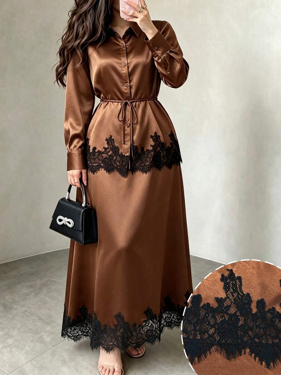 Modelyn Elegant Lace Patchwork Satin Drape Tie Long Sleeve Blouse & Full Skirt Two Pieces Set For Women Plus Size - Brown - View 1