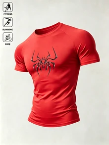 Acti Log Men's Spider Print Raglan Short Sleeve Sports T-Shirt - Red - View 3