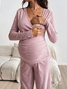 SHEIN 孕婦條紋哺乳長袖上衣與可調腰圍長褲休閒日常兩件套 秋季 - 粉色 - 查看 5