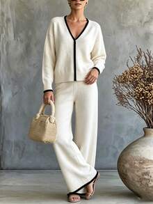 SHEIN Casual Loose V-Neck Long Sleeve Knit Contrast Trim Top + Loose Straight Leg Pants ,Women Fall/Winter Sets,New Year, Christmas, Halloween,Party,Social - Beige - View 4
