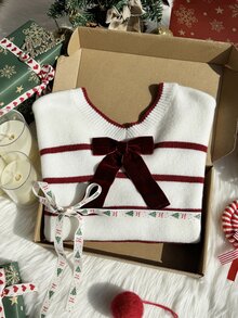 Tween Girl Bow Decor Striped Colorblock Sweater - Multicolor - View 1