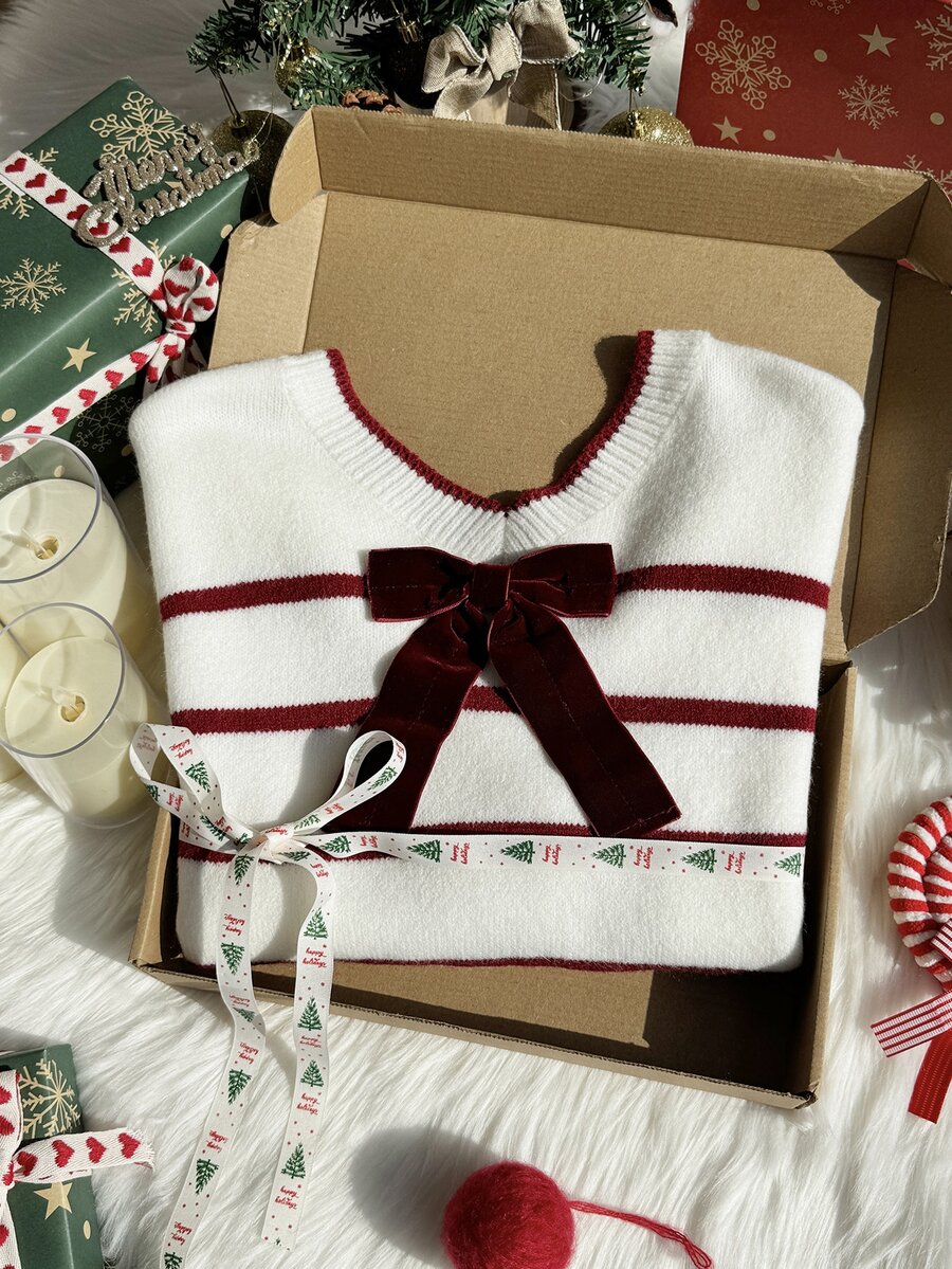 Tween Girl Bow Decor Striped Colorblock Sweater - Multicolor - View 1