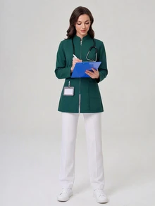 TaskEZ 藍色女款時尚V領長袖刷手服外套 - 墨綠色 - 查看 4