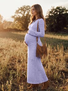 Boho Mama 孕婦純色紋理圓領長袖修身優雅洋裝 - 淡紫色 - 查看 2