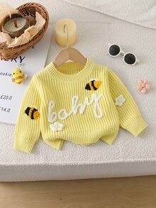 SHEIN 女嬰黃色秋冬圓領套頭毛衣，蜜蜂刺繡裝飾，精緻舒適幼兒/嬰兒套裝，適合外出、旅行與假期 - 黃色 - 查看 3