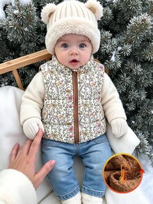 SHEIN 女嬰幼兒女童可愛奶油色花卉拉鍊加厚保暖背心，抓絨內裡，無袖立領，適合冬季與秋季假期穿著 - 彩色 - 查看 1