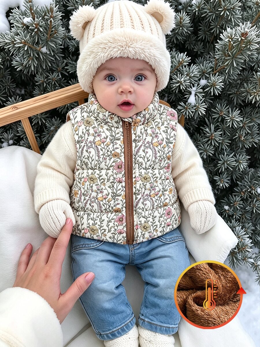 SHEIN 女嬰幼兒女童可愛奶油色花卉拉鍊加厚保暖背心,抓絨內裡,無袖立領,適合冬季與秋季假期穿著 - 彩色 - 查看 1