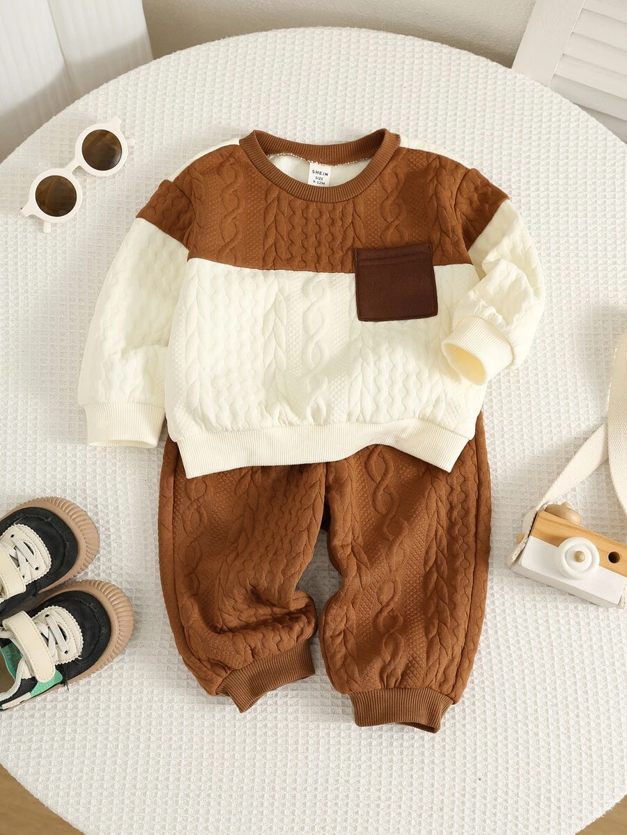 SHEIN 中性嬰兒男/女童、幼兒 2件組秋冬休閒可愛拼色拼接運動衫套裝，嬰兒冬季套裝，聖誕節，運動服