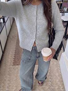 SHEIN Revavyn Women's Cardigan Fitted Knit Crew Neck Single Breasted Ribbed Cuffs Elegant Casual Old Money Grey Solid Fall Clothes For Women Fall - Light Grey - View 4