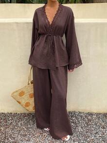 Dazy Tall Women's Lace Patchwork Vacation Style Casual 2 Pieces Set - Brown - View 5