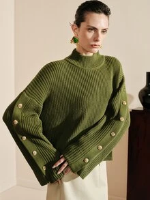 Arave Sweater Kasual Wanita Bahan Akrilik, Potongan Longgar, Lengan Samping, Desain Kancing - Hijau Tentara - View 6