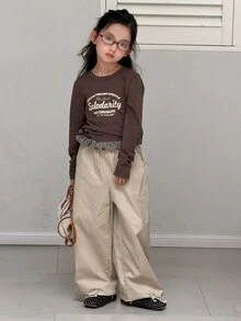 Dazy Kids 少女字母印花長袖T恤與拼接格紋荷葉邊長褲休閒套裝 - 卡其色 - 查看 2