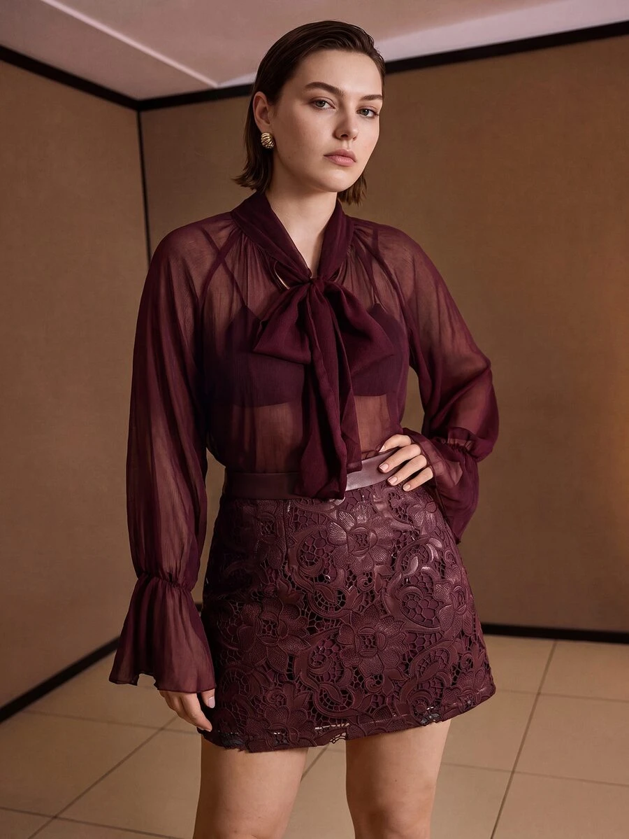 MOTF PREMIUM AUTUMN/WINTER PU FAUX LEATHER EMBROIDERED SHORT SKIRT - Coffee Brown - View 1