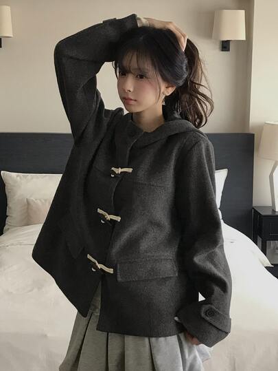 DAZY 대비 컬러 혼 버클 루즈핏 긴팔 후드 포켓 캐주얼 바캉스 한국 스타일 걸 가을 겨울 울 혼방 코트 걸