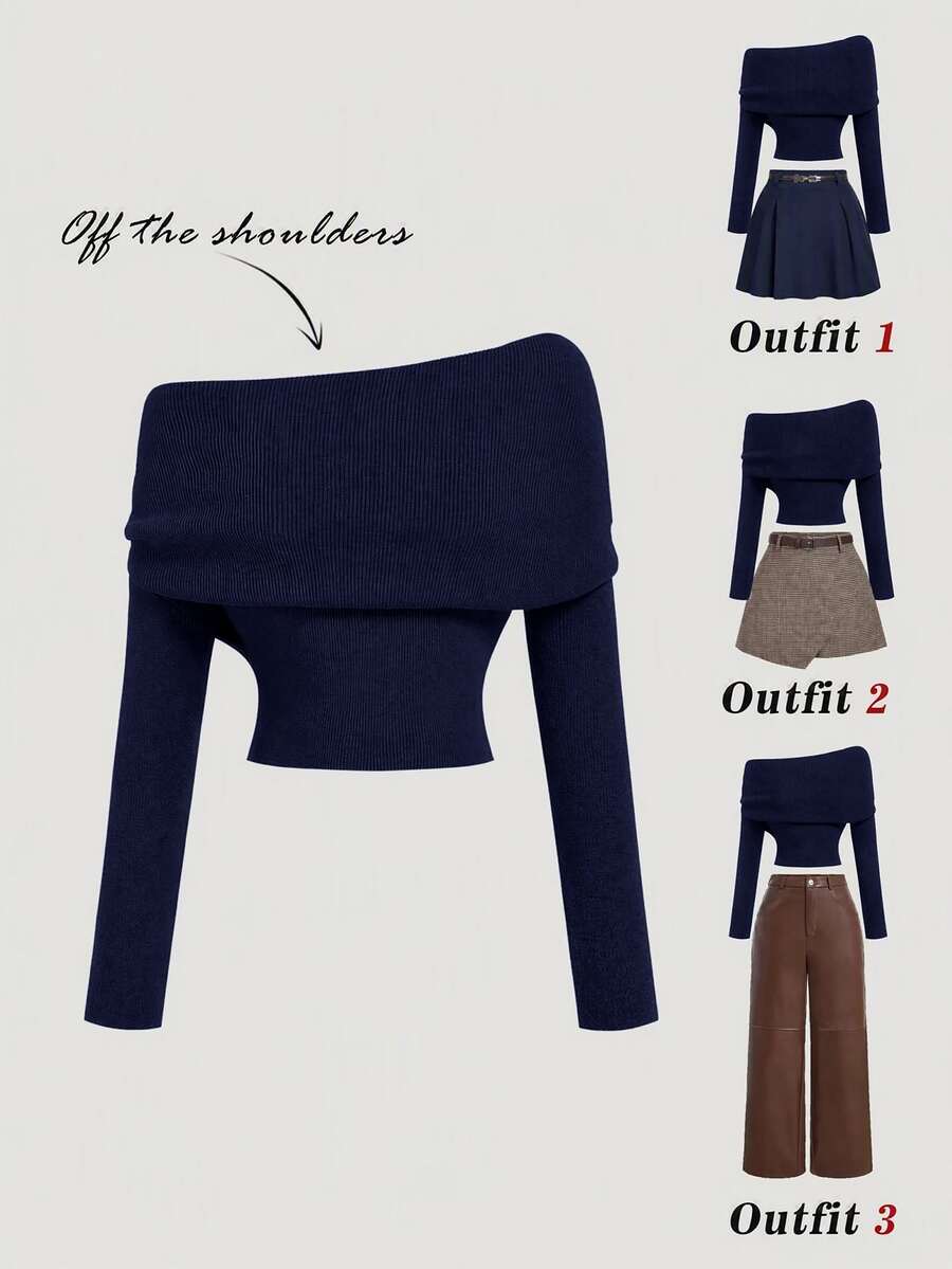 SHEIN MOD 女款素色露肩長袖時尚毛衣 - 藏蓝色 - 查看 1