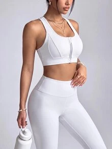 Velisys Velisys Women's Solid Color Zipper Casual Daily Sports Bra - Beige - View 4
