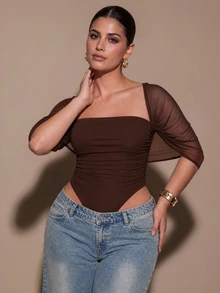 SHEIN BAE CURVE Plus Size Sexy Mesh Ruched Bodysuit For Date And Vacation - Coffee Brown - View 3