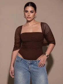 SHEIN BAE CURVE Plus Size Sexy Mesh Ruched Bodysuit For Date And Vacation - Coffee Brown - View 7