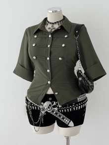 Sunspun Women Plus Size Army Green Utility Shirt, Fashion Button Decor Lapel Collar Blouse, Versatile Commute Mid Sleeve Shirt Top Fall - Army Green - View 3