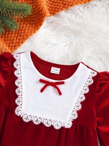 SHEIN Infant Toddler Vintage Velvet Santa Style Dress Baby Holiday Party Outfit Christmas Autumn Winter Dress - Red - View 4