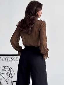 Firerie Autumn Women Elegant Sophisticated Romantic Palace Vintage Stand Collar Ruffle Jacquard Textured Button Bell Sleeve Apricot Blouse Going Out Tops - Brown - View 8
