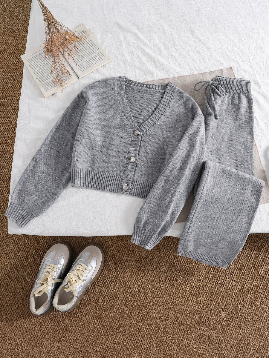 Tween Girl Solid Color V-Neck Long Sleeve Top And Pants Knit Set - Grey - View 1