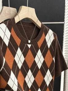 Franclia New Spring Summer Vintage Preppy Style Colorblock Plaid Knit Pullover Sweater For Women - Coffee Brown - View 7